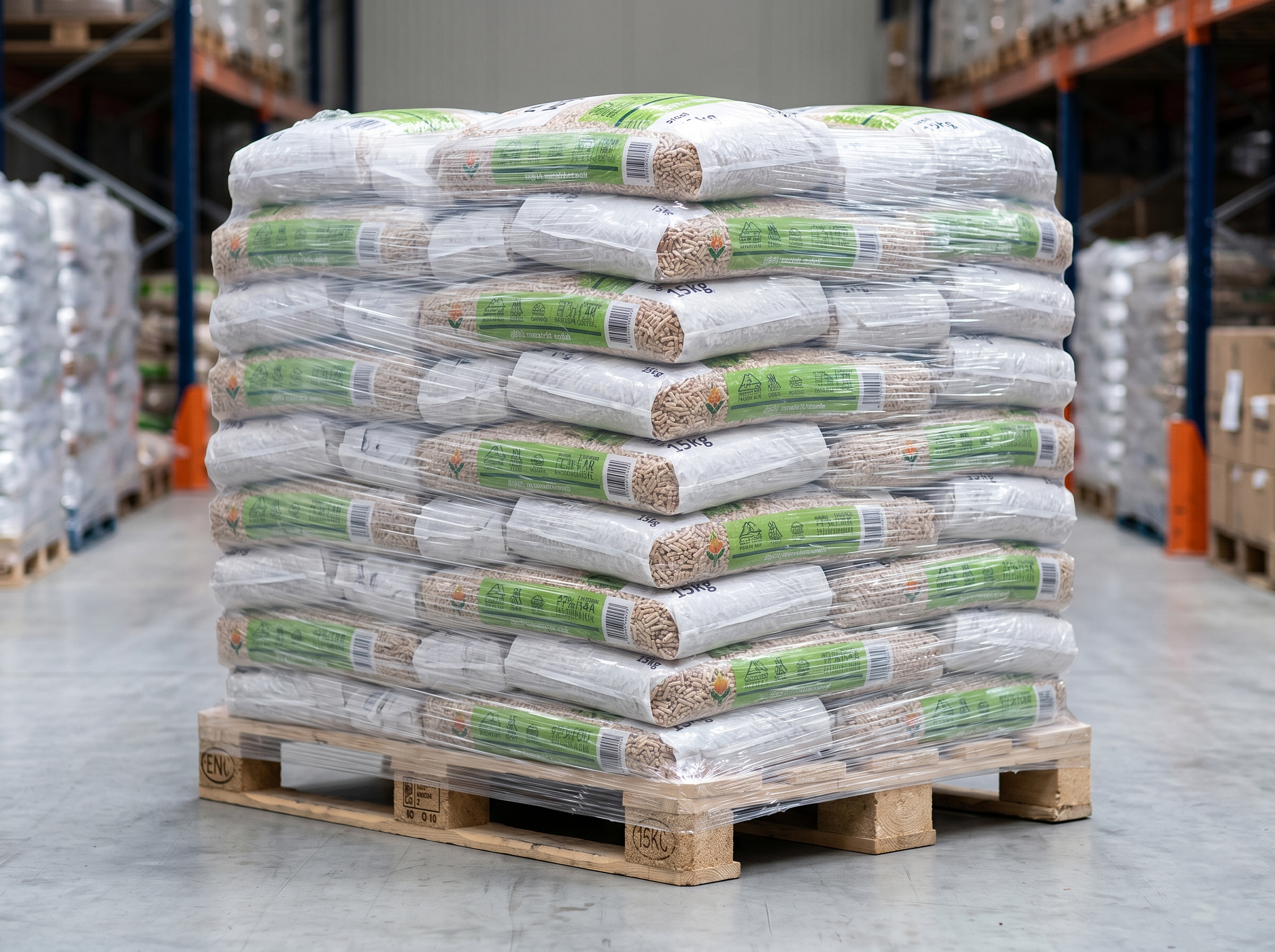 Wood pellets packed in 15kg polyethylene bags by ENplus A1 certified producer, palletized on Euro pallet with shrink wrap