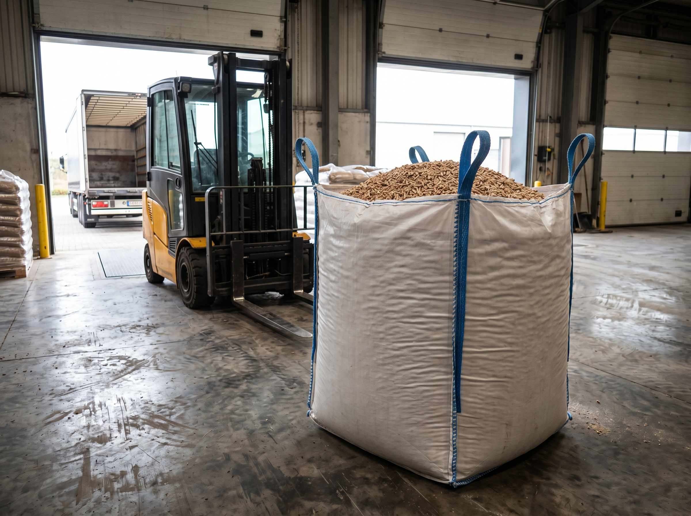 Industrial 1000kg FIBC jumbo big bag filled with ENplus A1 wood pellets at loading dock with forklift