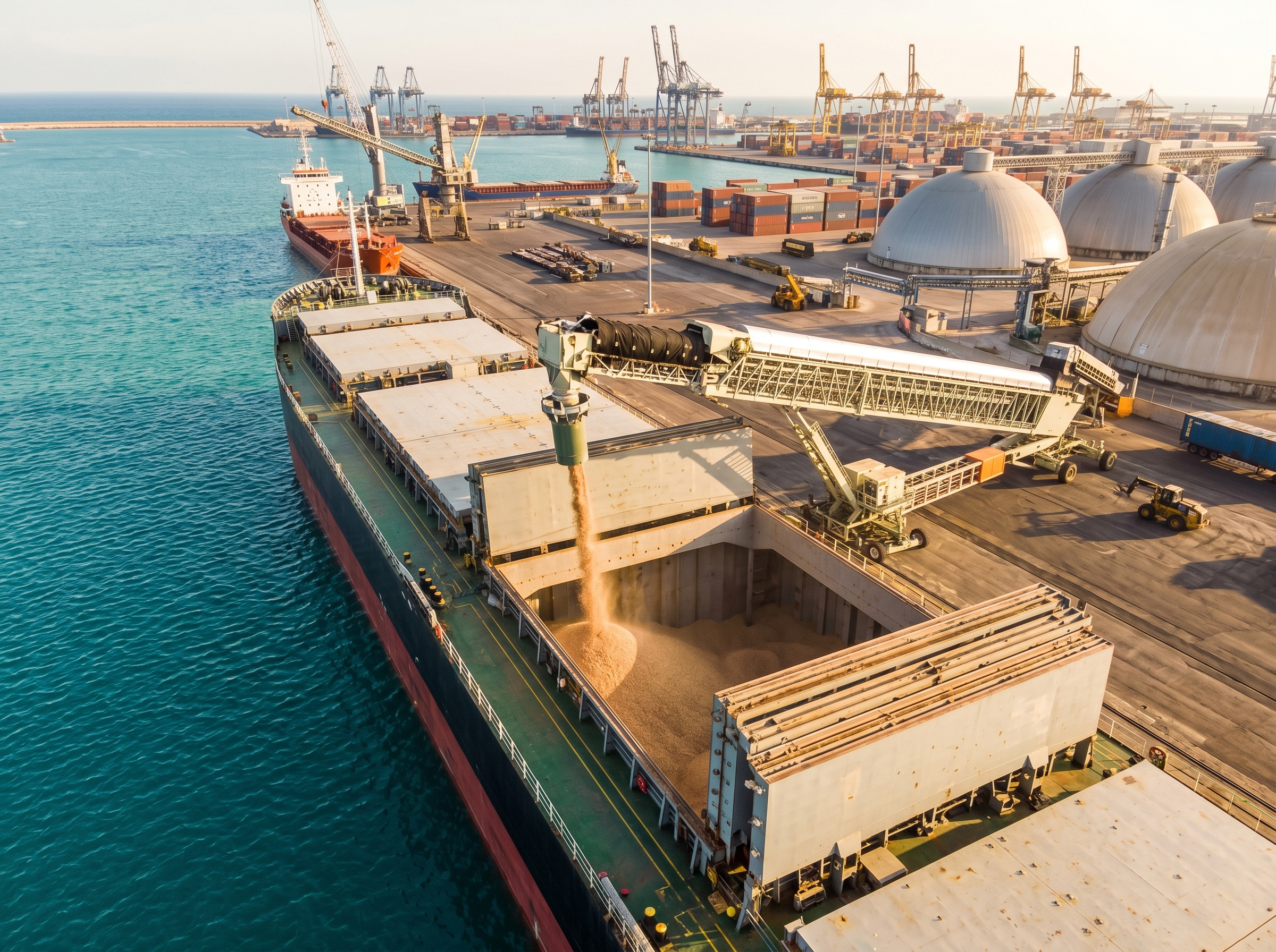 Bulk wood pellet shipment loading onto dry cargo vessel at Turkish Mediterranean port via conveyor belt